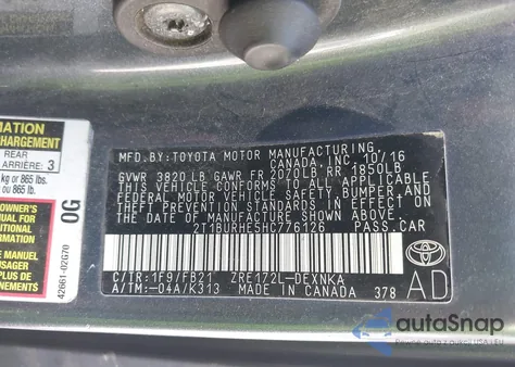 2017 Toyota Corolla Le из США, поврежденный, VIN 2T1BURHE5HC776126